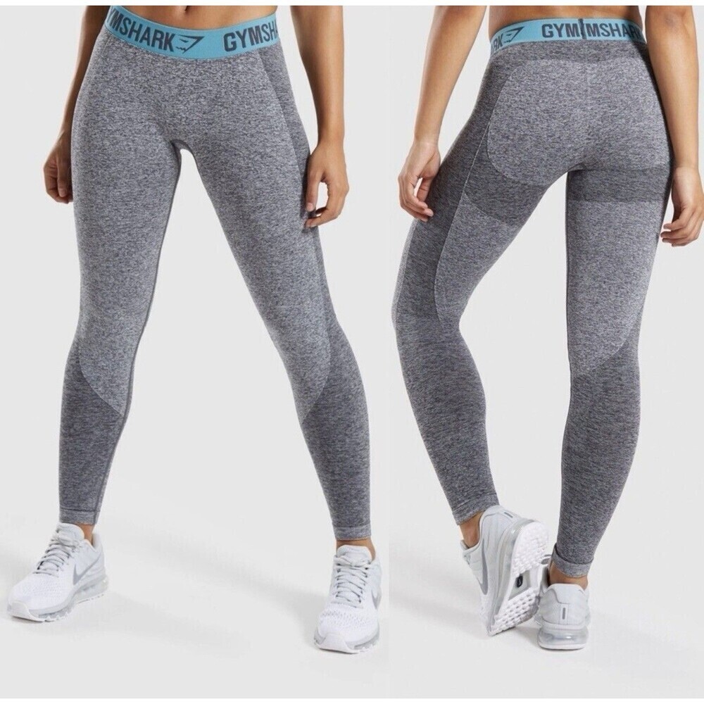Gymshark Flex Leggings Dry Full Length Gray Exposed Logo Blue Waistband Sz S